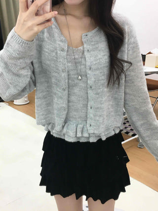 Frill Sleeveless Crop Knit Cardigan Set