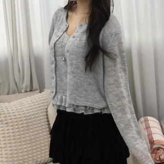 Frill Sleeveless Crop Knit Cardigan Set