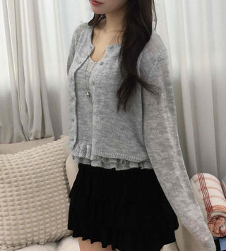 Frill Sleeveless Crop Knit Cardigan Set