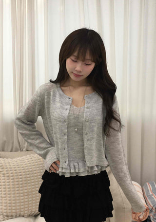 Frill Sleeveless Crop Knit Cardigan Set