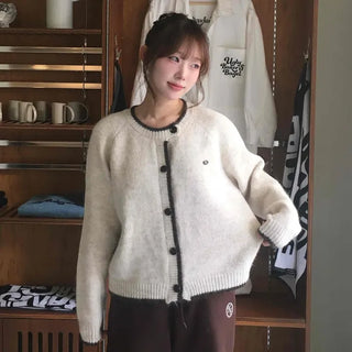Vintage Chiffon Cable Knit Cardigan with Ribbon Accent