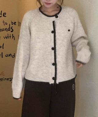 Vintage Chiffon Cable Knit Cardigan with Ribbon Accent