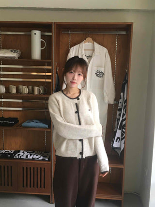 Vintage Chiffon Cable Knit Cardigan with Ribbon Accent
