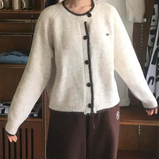 Vintage Chiffon Cable Knit Cardigan with Ribbon Accent