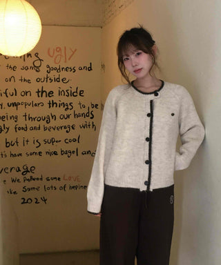 Vintage Chiffon Cable Knit Cardigan with Ribbon Accent