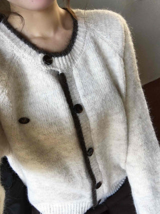Vintage Chiffon Cable Knit Cardigan with Ribbon Accent