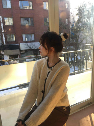 Vintage Chiffon Cable Knit Cardigan with Ribbon Accent