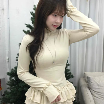 Frill Flare Slim Fit Turtleneck Long Sleeve T-shirt