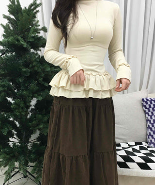 Frill Flare Slim Fit Turtleneck Long Sleeve T-shirt