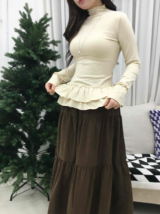 Frill Flare Slim Fit Turtleneck Long Sleeve T-shirt
