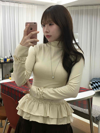 Frill Flare Slim Fit Turtleneck Long Sleeve T-shirt