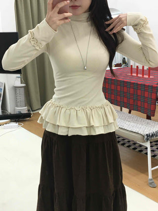 Frill Flare Slim Fit Turtleneck Long Sleeve T-shirt