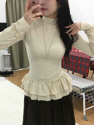 Frill Flare Slim Fit Turtleneck Long Sleeve T-shirt