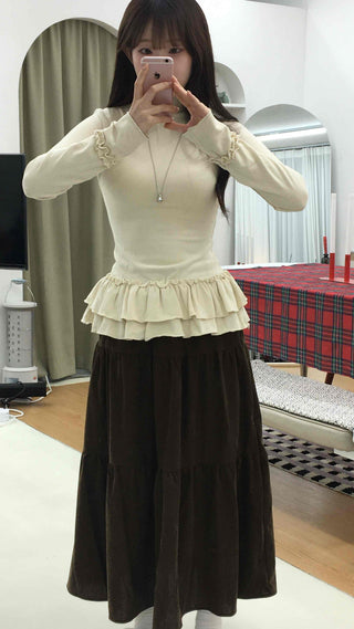 Frill Flare Slim Fit Turtleneck Long Sleeve T-shirt