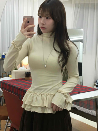 Frill Flare Slim Fit Turtleneck Long Sleeve T-shirt