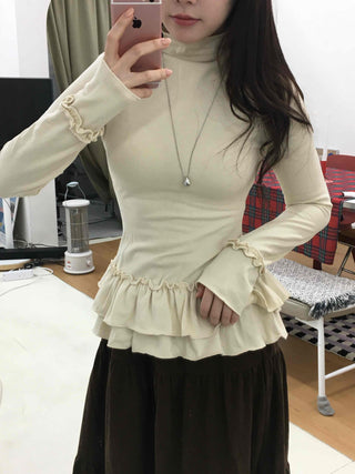 Frill Flare Slim Fit Turtleneck Long Sleeve T-shirt