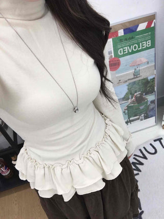 Frill Flare Slim Fit Turtleneck Long Sleeve T-shirt