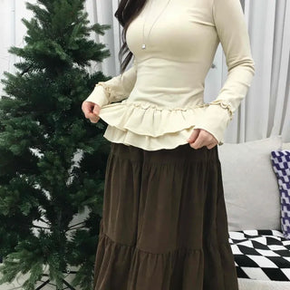 Frill Flare Slim Fit Turtleneck Long Sleeve T-shirt