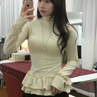 Frill Flare Slim Fit Turtleneck Long Sleeve T-shirt