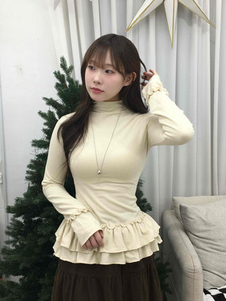 Frill Flare Slim Fit Turtleneck Long Sleeve T-shirt