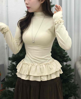 Frill Flare Slim Fit Turtleneck Long Sleeve T-shirt
