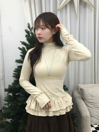 Frill Flare Slim Fit Turtleneck Long Sleeve T-shirt