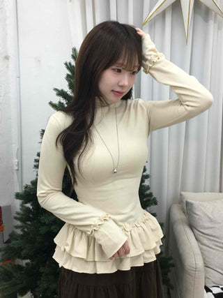 Frill Flare Slim Fit Turtleneck Long Sleeve T-shirt