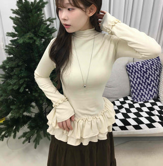 Frill Flare Slim Fit Turtleneck Long Sleeve T-shirt