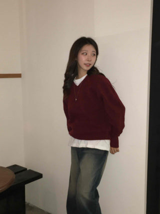 Basic Semi-Crop V-Neck Knit