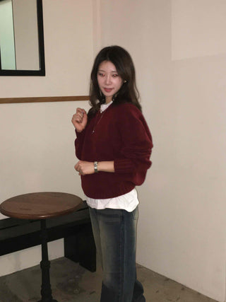Basic Semi-Crop V-Neck Knit
