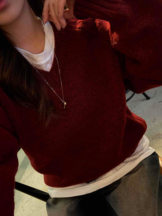 Basic Semi-Crop V-Neck Knit