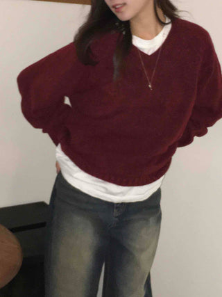Basic Semi-Crop V-Neck Knit