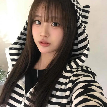 Striped Cat Ear Zip-Up Hoodie