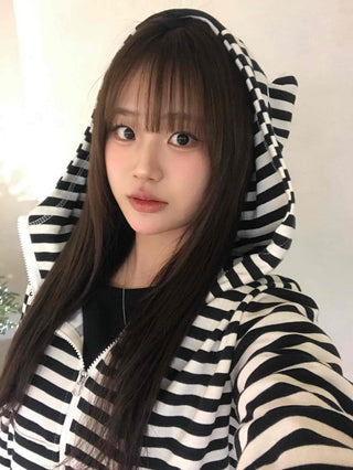 Striped Cat Ear Zip-Up Hoodie