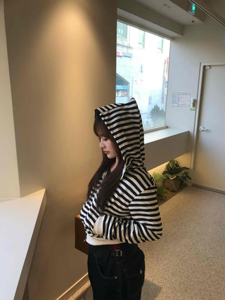 Striped Cat Ear Zip-Up Hoodie