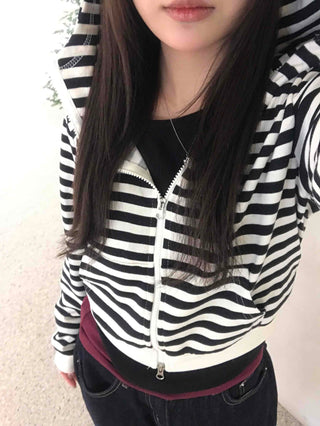 Striped Cat Ear Zip-Up Hoodie