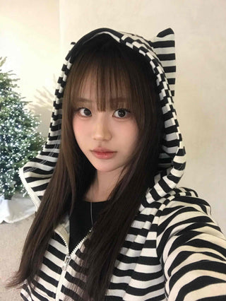 Striped Cat Ear Zip-Up Hoodie