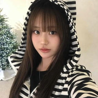 Striped Cat Ear Zip-Up Hoodie