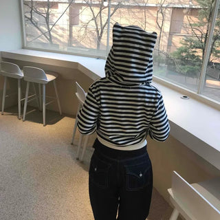 Striped Cat Ear Zip-Up Hoodie