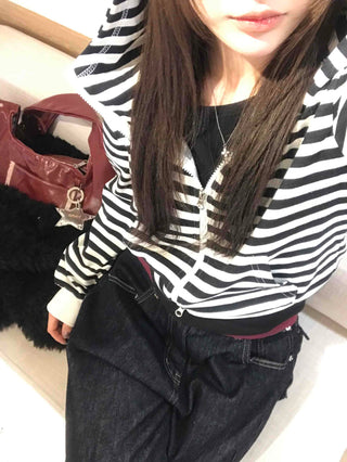Striped Cat Ear Zip-Up Hoodie