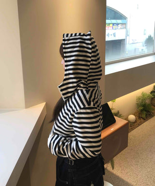 Striped Cat Ear Zip-Up Hoodie