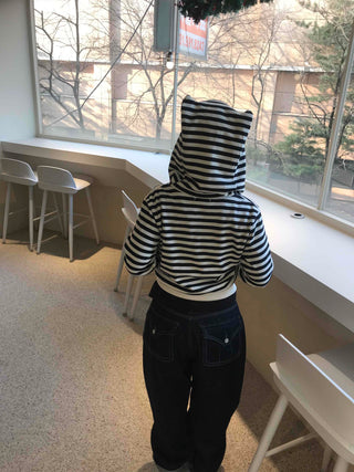 Striped Cat Ear Zip-Up Hoodie