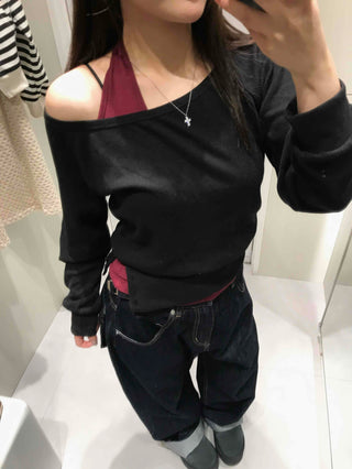 Button Detail Halter Neck Asymmetrical Off-Shoulder Layered Set