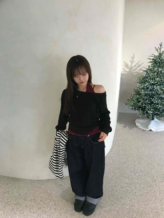 Button Detail Halter Neck Asymmetrical Off-Shoulder Layered Set