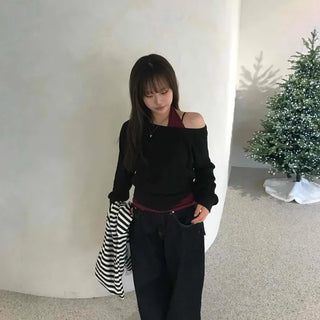 Button Detail Halter Neck Asymmetrical Off-Shoulder Layered Set