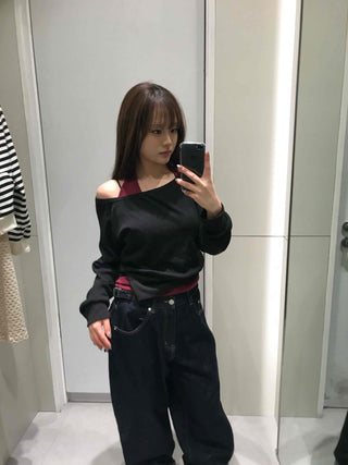 Button Detail Halter Neck Asymmetrical Off-Shoulder Layered Set