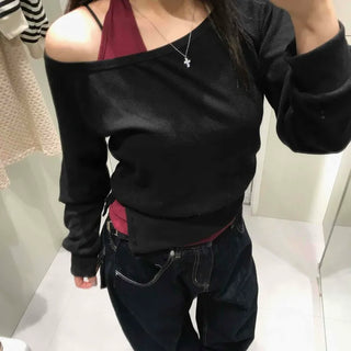 Button Detail Halter Neck Asymmetrical Off-Shoulder Layered Set