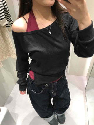Button Detail Halter Neck Asymmetrical Off-Shoulder Layered Set