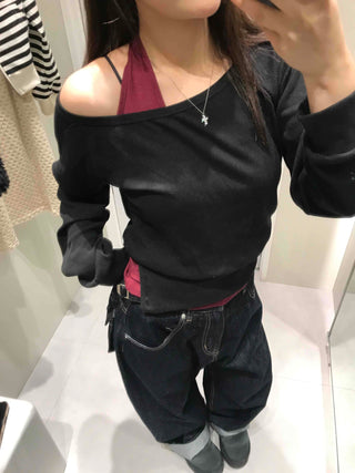 Button Detail Halter Neck Asymmetrical Off-Shoulder Layered Set