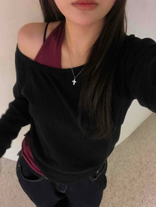Button Detail Halter Neck Asymmetrical Off-Shoulder Layered Set